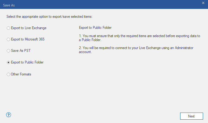 Select the Export to Public Folder option and then click Next.